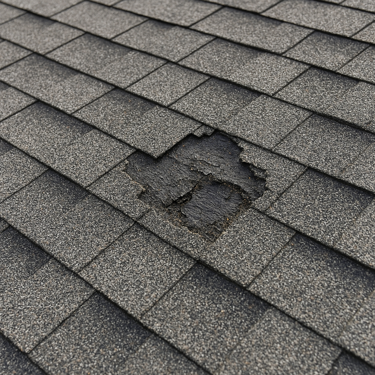 Damaged architectural shingle with missing granules and exposed fiberglass on a residential roof in Houston.